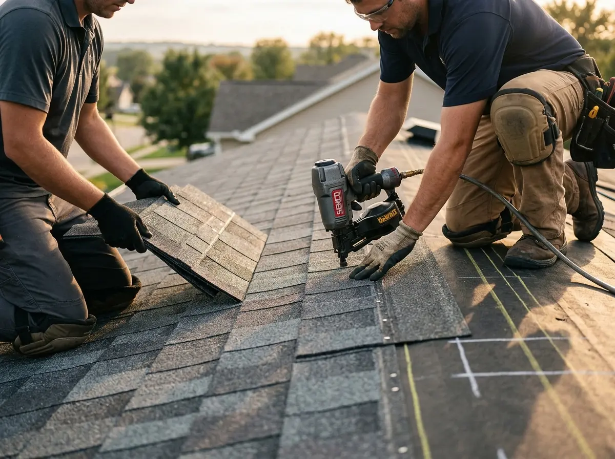 Professional roofer working on a residential roof in La Grange
